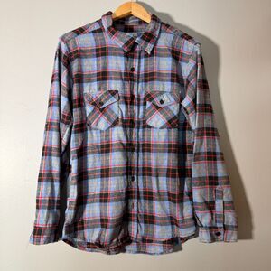 Open Trails Flannel Shirt XL Blue Red Plaid Cotton Button Up Outdoor
